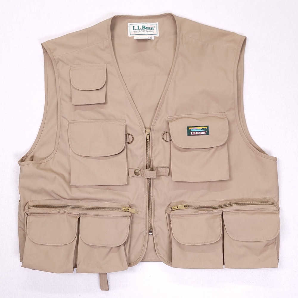 LL Bean‎ Mens XL Khaki Tan Multi Pocket Fly Fishing Utility Safari Vest Vintage